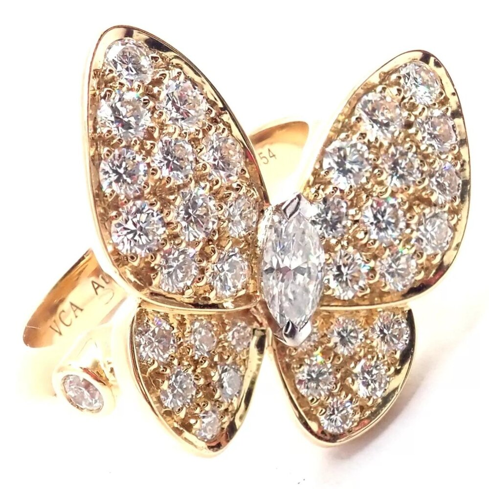 Authentic! Van Cleef & Arpels 18k Yellow Gold Diamond Two Butterfly Ring Cert. - Picture 9 of 10